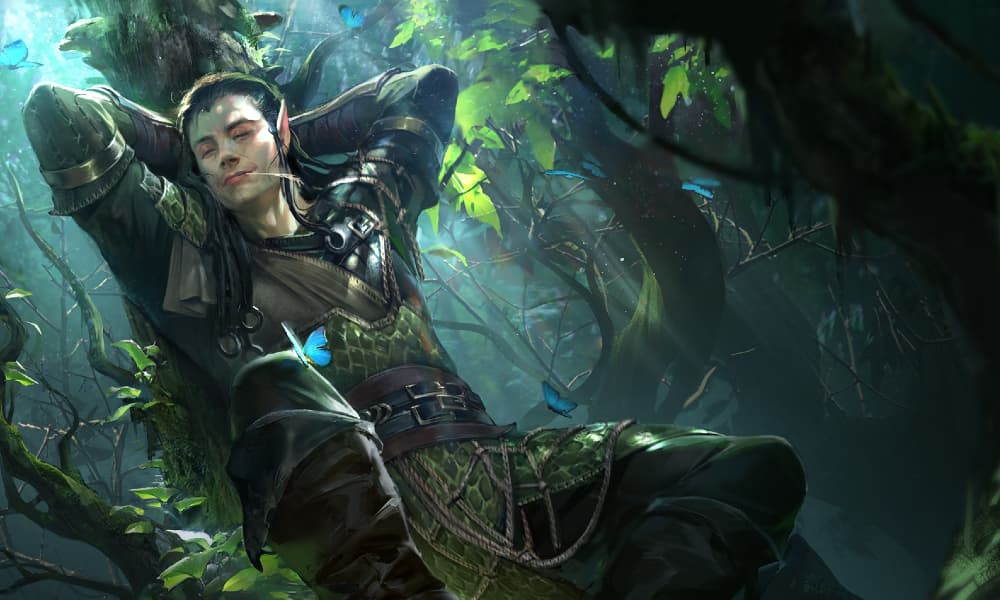 A Sylvan Watcher Champion relaxing in a forest environment.