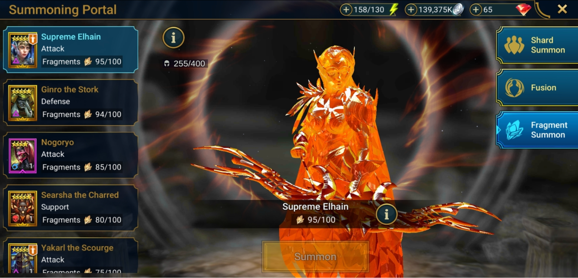 A screenshot of the Fragment Summon tab in the Portal, highlighting the Champion Supreme Elhain in RAID: Shadow Legends.