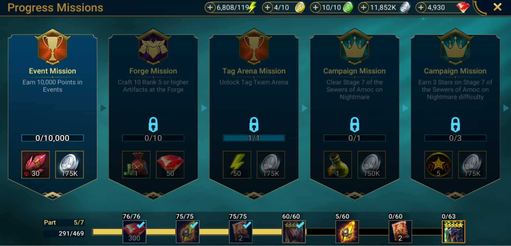 The Missions menu in RAID: Shadow Legends.