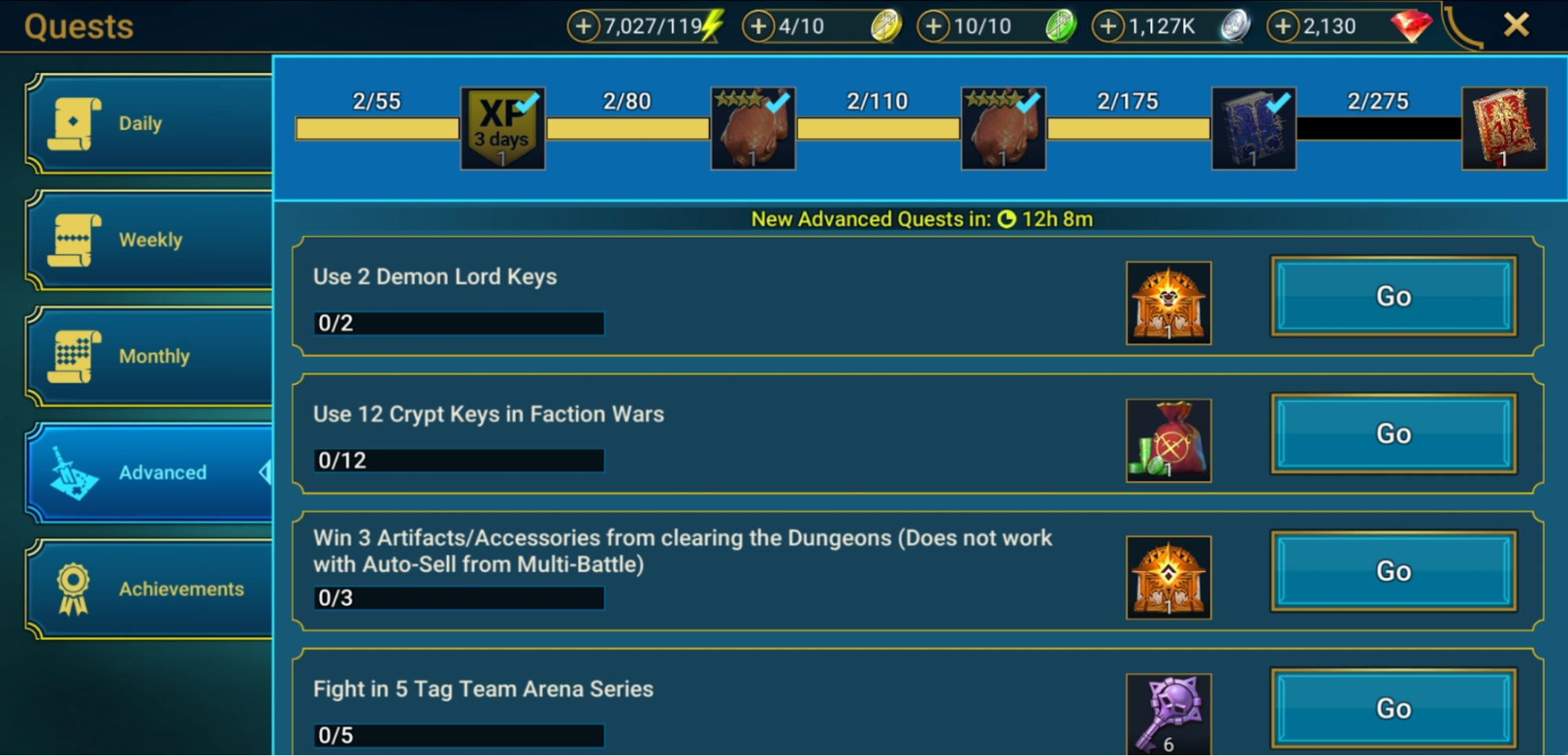 The Advanced Quest tab in the Quest menu of the Bastion in RAID: Shadow Legends.