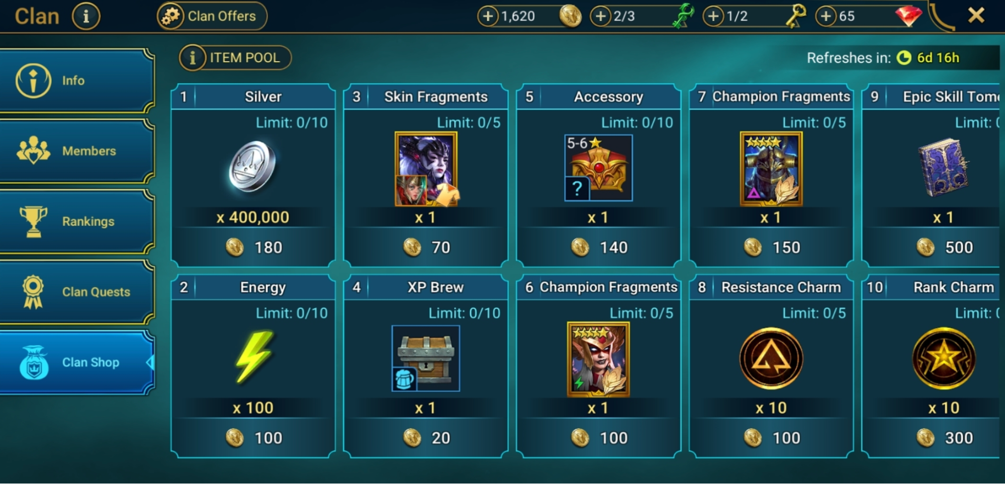 A screenshot showing the Clan Shop menu in the Clan tab of the Bastion in RAID: Shadow Legends.