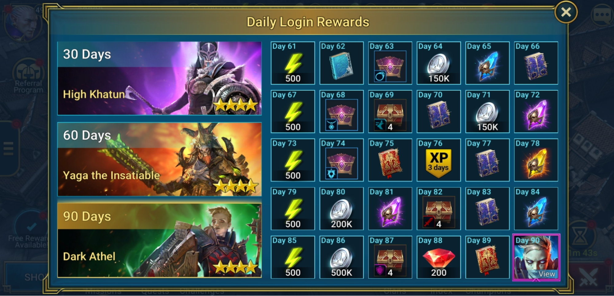 The Daily Login Rewards menu, highlighting some of the early Champions a player can unlock, such as High Khatun, Yaga the Insatiable, and Dark Athel.