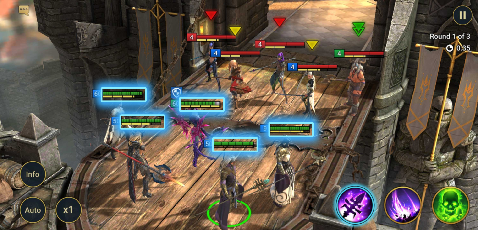 A Battle in RAID: Shadow Legends with the HP bar and Turn Meter bar highlighted.