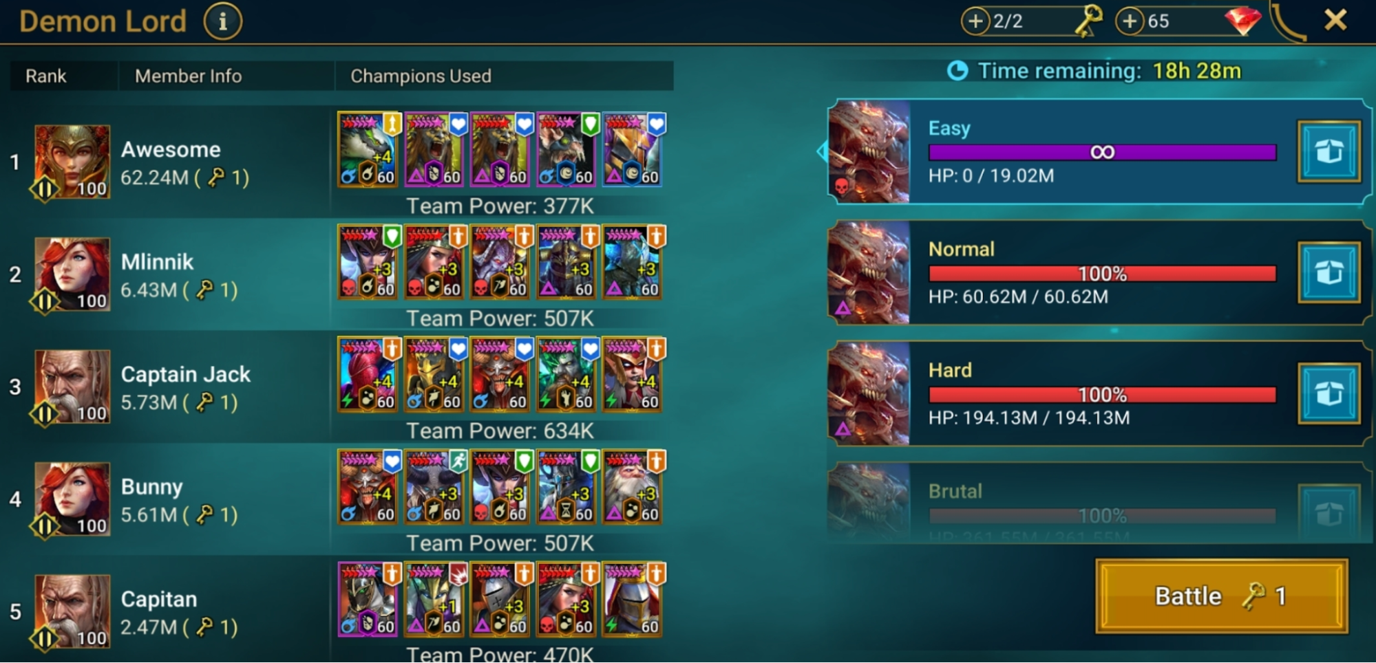 A screenshot showing the Demon Lord Clan Boss menu with some players' attempts to deal damage shown.